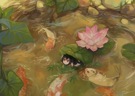 HD desktop wallpaper featuring Tsuyu Asui from My Hero Academia. She is blending in a pond with a frog, surrounded by koi fish and water lilies, creating a serene and whimsical anime scene.