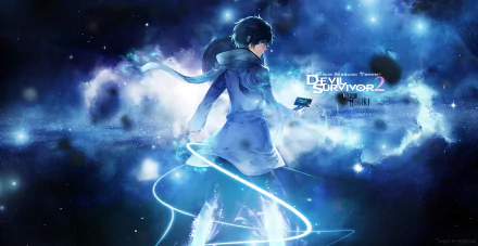 HD anime desktop wallpaper featuring a character from Devil Survivor 2 The Animation, surrounded by glowing blue energy and cosmic effects.