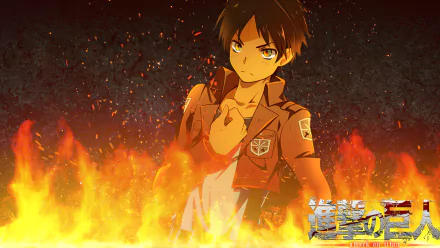 Eren Yeager from Attack on Titan in an orange-hued HD PC desktop wallpaper, standing determined amid roaring flames and embers as a dramatic anime background.