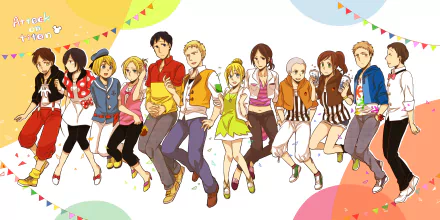 HD anime desktop wallpaper featuring key Attack on Titan characters including Eren Yeager, Mikasa Ackerman, Armin Arlert, and others in a cheerful group pose.