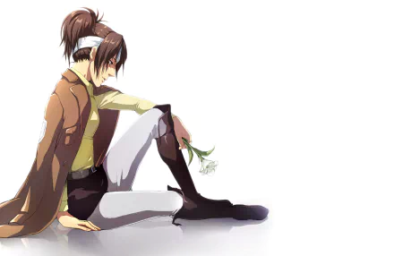 HD anime desktop wallpaper featuring Hange Zoë from Attack on Titan, sitting thoughtfully with a flower in hand against a clean white background.