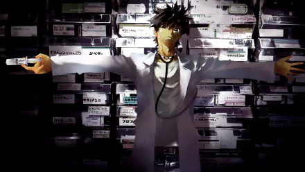 HD desktop wallpaper featuring Toshio Ozaki from the anime Shiki, standing with arms outstretched in front of a wall of labeled boxes.