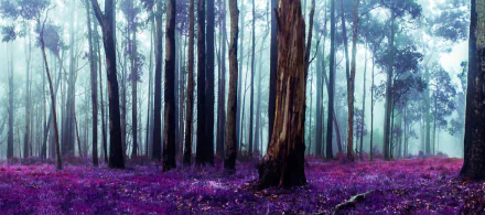 4K Ultra HD PC desktop wallpaper of an Australian forest: misty eucalyptus trunks rising above vivid purple groundcover, tranquil nature background.
