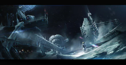 An astronaut stands on a desolate surface near a futuristic space station, surrounded by intricate structures and a starry backdrop, capturing the essence of sci-fi adventure.