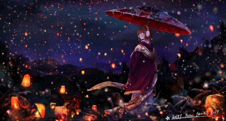 An anime girl holding a red umbrella stands amidst softly glowing lanterns on a snowy night. The vibrant scene is captured in HD for a stunning desktop wallpaper and background.