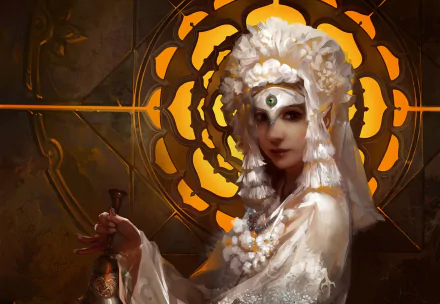 HD PC desktop wallpaper and background of a fantasy elf with pointed ears, wearing an ornate white headdress and jewels, framed by warm stained-glass light.