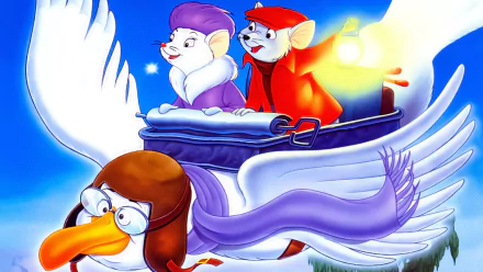 HD PC desktop wallpaper and background from the movie The Rescuers: two mice in winter coats ride a large white winged bird across a bright snowy sky.