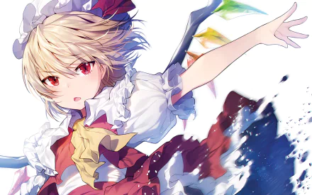 HD desktop wallpaper of anime character Flandre Scarlet from Touhou. The image features her dynamic pose with a vibrant, colorful design.