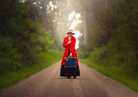 depth of field suitcase road hat woman model HD Desktop Wallpaper | Background Image