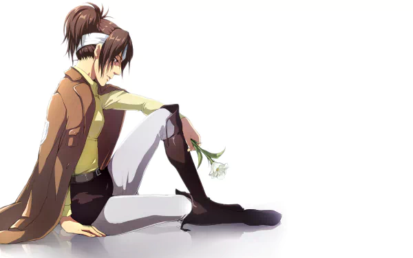 HD anime desktop wallpaper featuring Hange Zoë from Attack on Titan, sitting thoughtfully with a flower in hand against a clean white background.