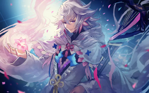 HD desktop wallpaper featuring Merlin from the Fate/Grand Order anime series, showcasing the character in a magical and ethereal background with soft lighting and vibrant colors.