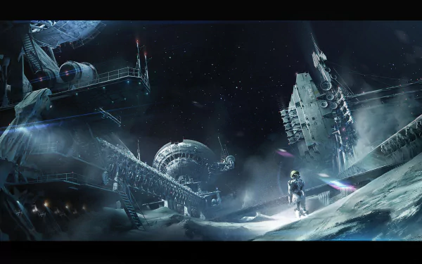 An astronaut stands on a desolate surface near a futuristic space station, surrounded by intricate structures and a starry backdrop, capturing the essence of sci-fi adventure.