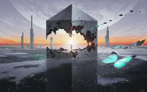 HD desktop wallpaper featuring a post-apocalyptic sci-fi scene with a large, partially destroyed building. A distant sunset, butterflies, and an anime-inspired character create a haunting yet serene atmosphere.