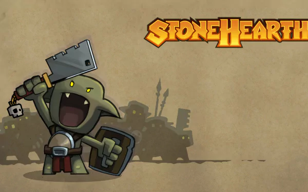 HD desktop wallpaper featuring a cartoonish character from Stonehearth raising an axe, with the game's logo on top.