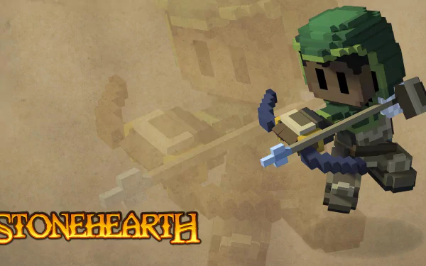 HD desktop wallpaper of Stonehearth featuring a stylized, blocky character armed with a sword.