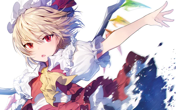 HD desktop wallpaper of anime character Flandre Scarlet from Touhou. The image features her dynamic pose with a vibrant, colorful design.