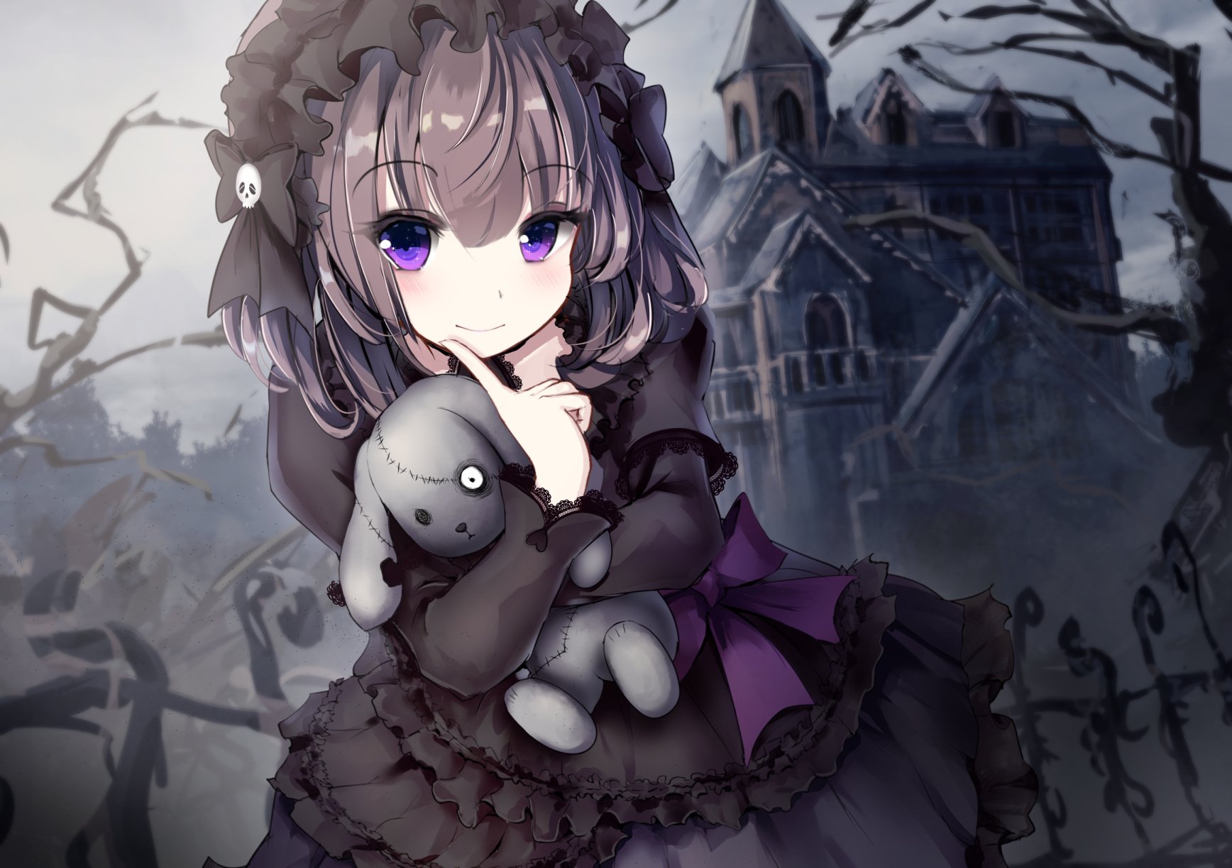 HD desktop wallpaper featuring an original anime character with purple eyes, holding a stuffed toy, standing in front of a spooky mansion background.