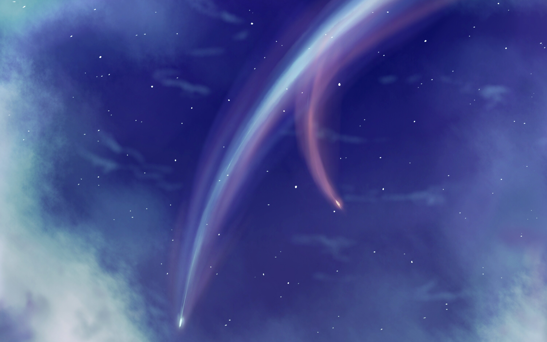 HD desktop wallpaper and background from Your Name. anime, featuring a night sky with two vibrant comet trails against a backdrop of stars and clouds.
