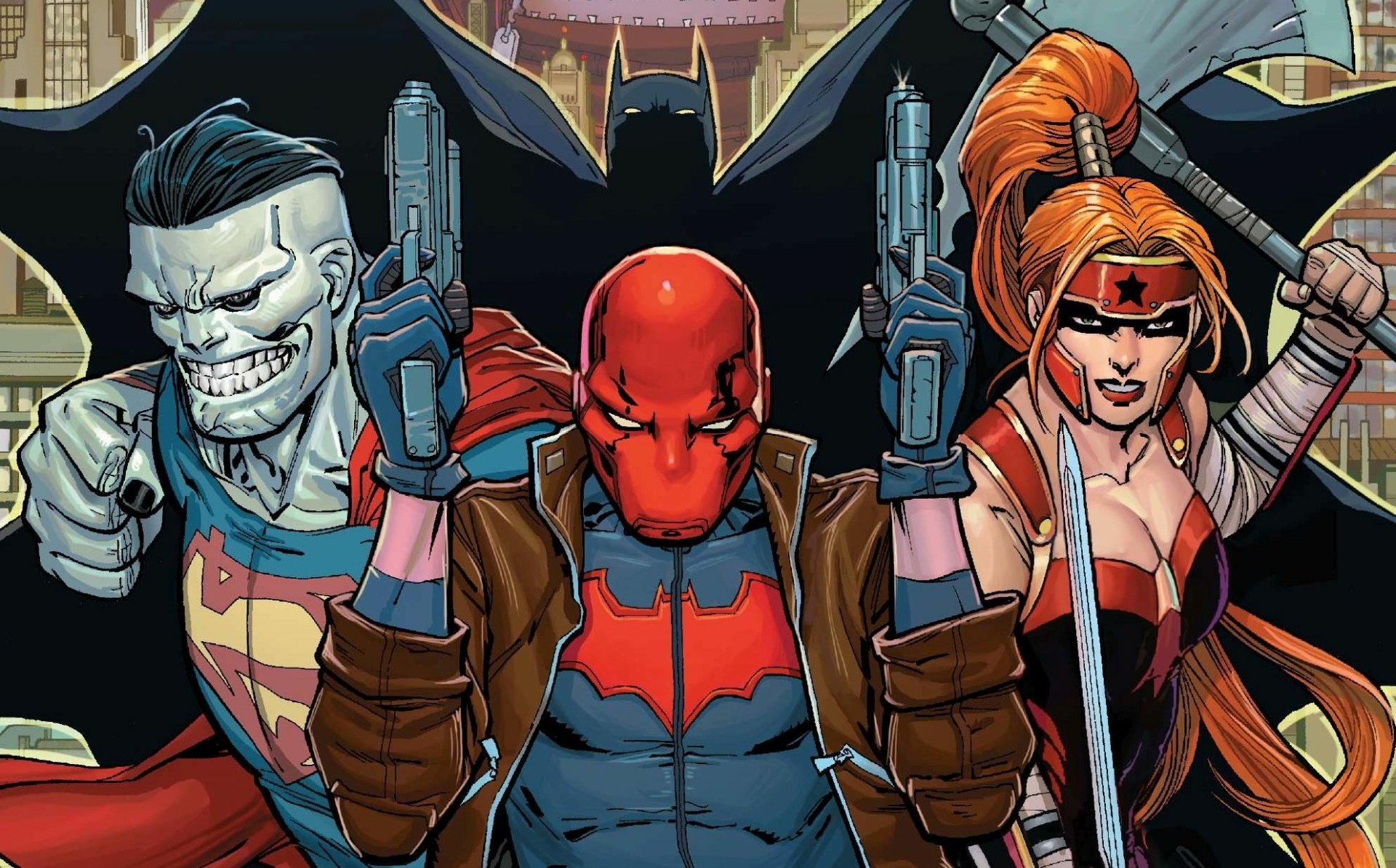 HD PC desktop wallpaper featuring Red Hood and The Outlaws comic characters, showcasing Red Hood, Joker-faced figure with Superman emblem, and a fierce female warrior.