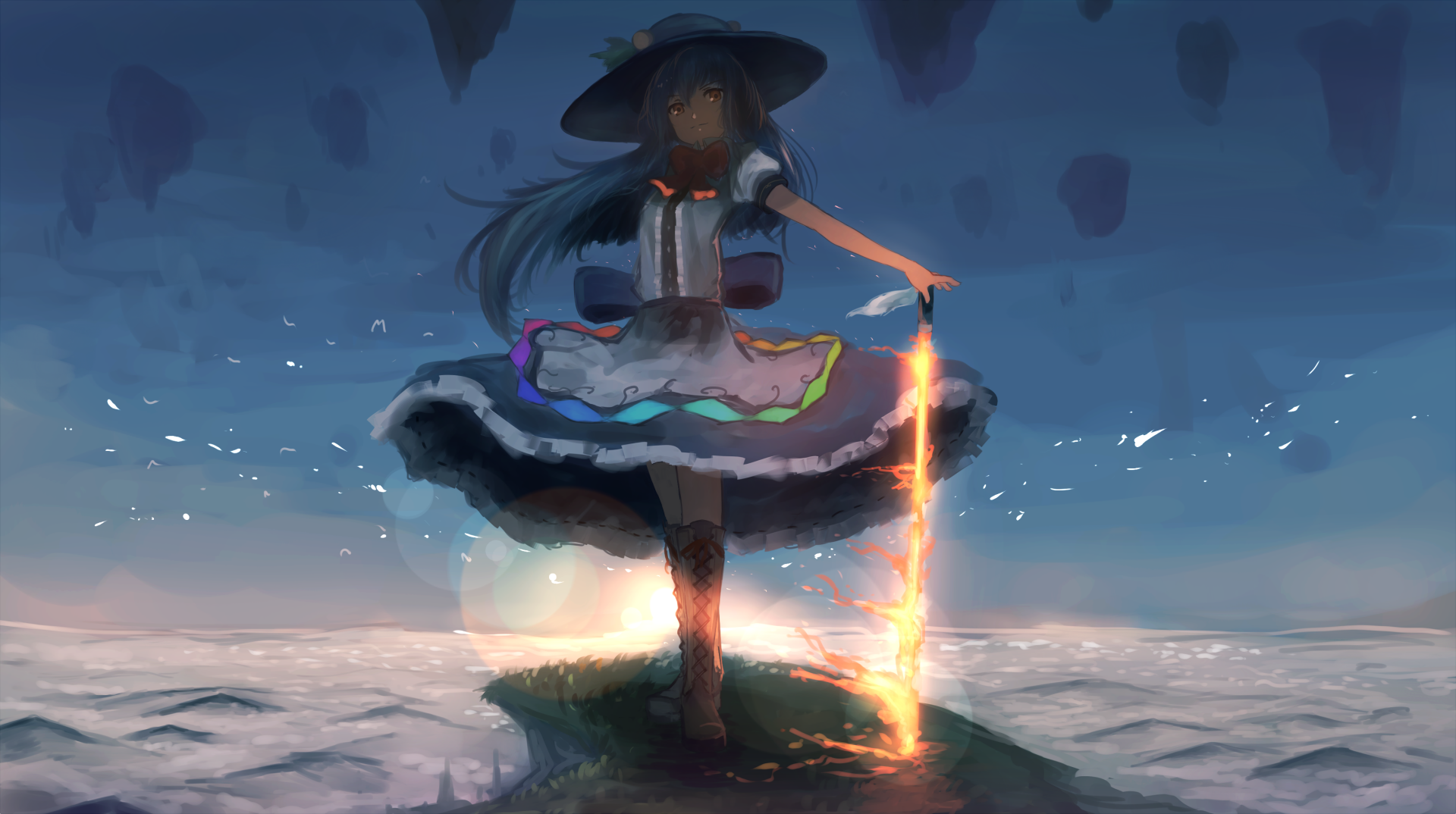 HD anime desktop wallpaper featuring Tenshi Hinanawi from Touhou, standing on a floating rock with a glowing sword against a dramatic sky backdrop.