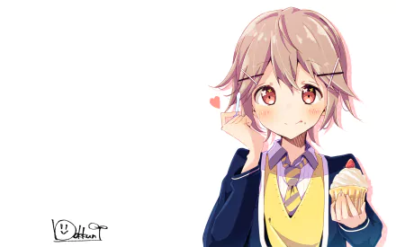 HD PC desktop wallpaper featuring Kojuurou Shuri from the anime Masamune-kun's Revenge, holding a cupcake with a small heart near her face.