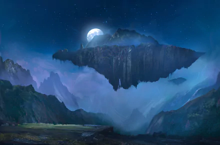 An HD desktop wallpaper featuring a fantasy landscape with a floating island, moon, and mountains at night. The ethereal scene is enveloped in mist, creating a serene and otherworldly atmosphere.