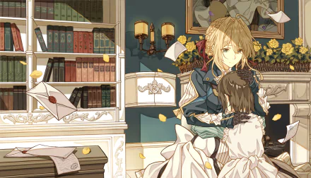 HD desktop wallpaper featuring Violet Evergarden, an anime character, in a warm, elegant room with scattered letters and falling petals, embracing a girl in a comforting manner.