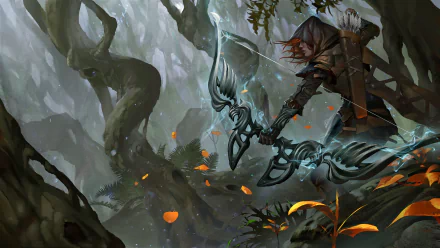 A woman warrior archer in a fantasy forest, holding a bow, ready to shoot. HD desktop wallpaper and background.