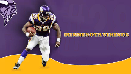 HD desktop wallpaper featuring Adrian Peterson in Minnesota Vikings gear on a stylized purple and gold background.