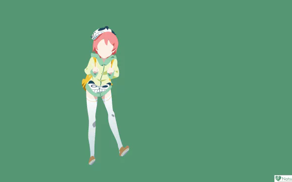 Minimalist anime 8K Ultra HD PC desktop wallpaper: Niwaka Denkigai from Akiba's Trip in minimalist anime style, standing centered against a solid green background.