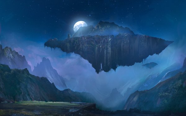 Fantasy Landscape Floating Island Night Moon Mountain HD Wallpaper | Background Image
