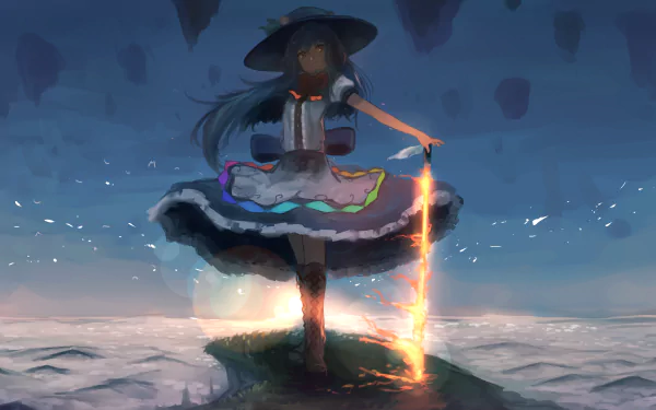 HD anime desktop wallpaper featuring Tenshi Hinanawi from Touhou, standing on a floating rock with a glowing sword against a dramatic sky backdrop.