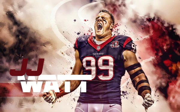HD wallpaper of J.J. Watt in action on the football field, celebrating passionately with his name boldly featured.