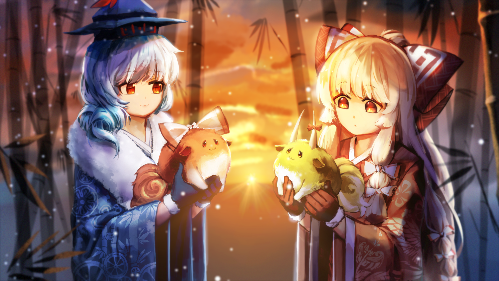 HD anime desktop wallpaper featuring Keine Kamishirasawa and Fujiwara no Mokou from Touhou, holding glowing plush toys against a warm, softly lit background.