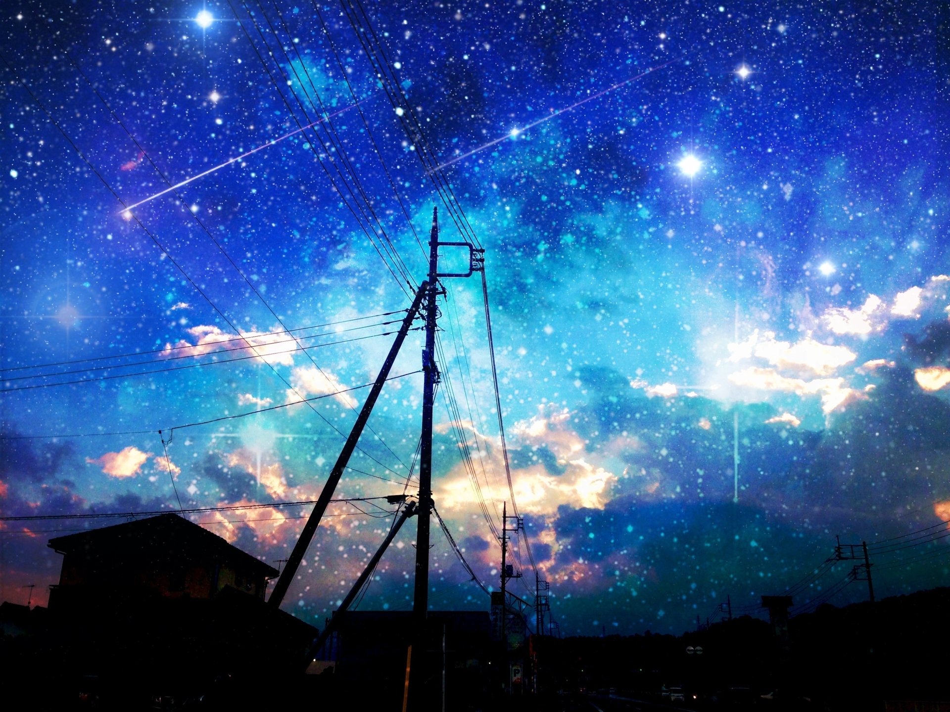 A stunning HD anime wallpaper featuring a starry night sky with shooting stars and silhouettes of utility poles and houses.