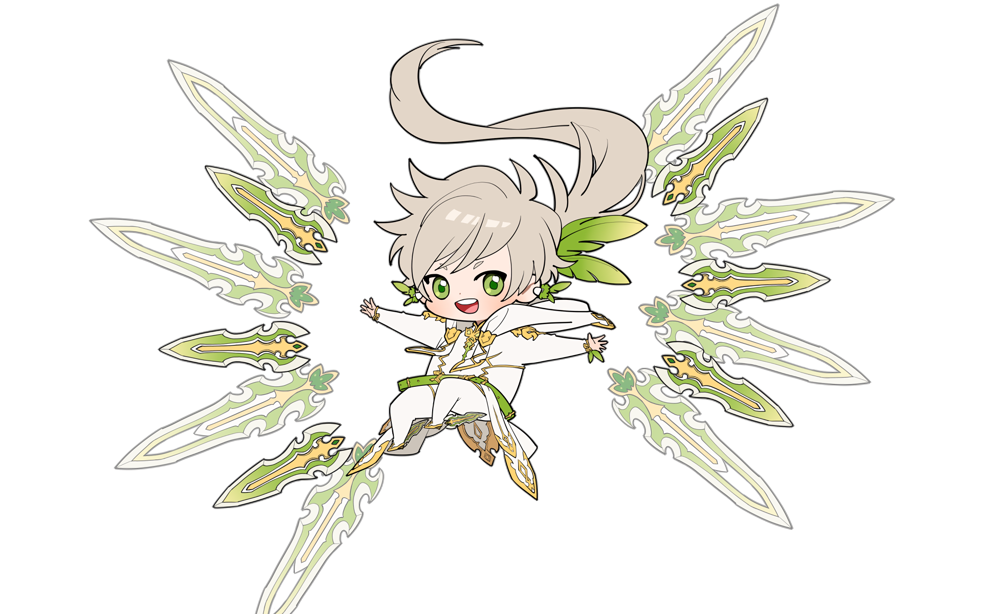 Chibi-style character from Tales of Zestiria the X anime, featured with ornate, glowing weapons, set against a clean white background in HD PC desktop wallpaper format.