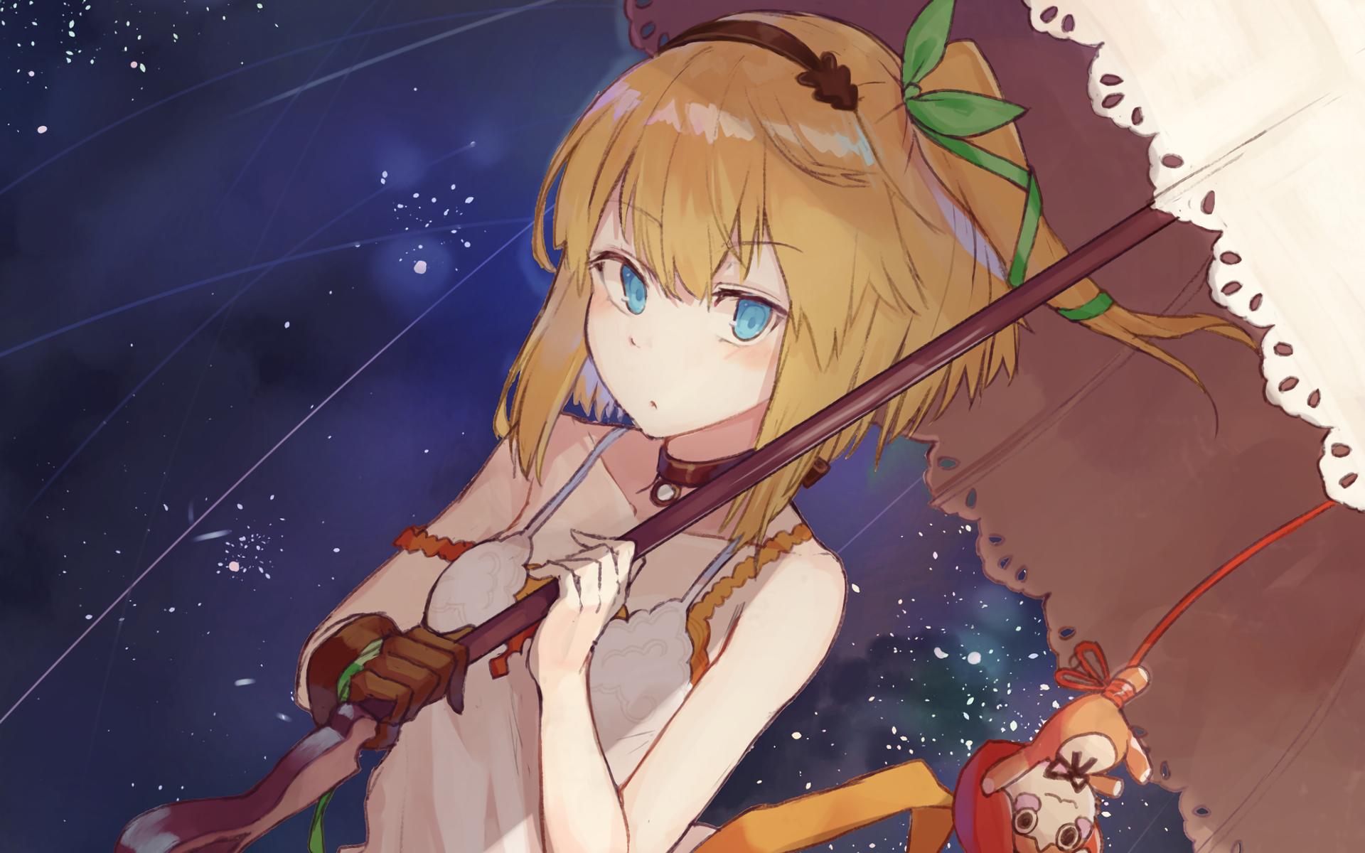 Anime-style HD desktop wallpaper featuring a character from Tales of Zestiria the X holding a parasol against a starry night sky background.