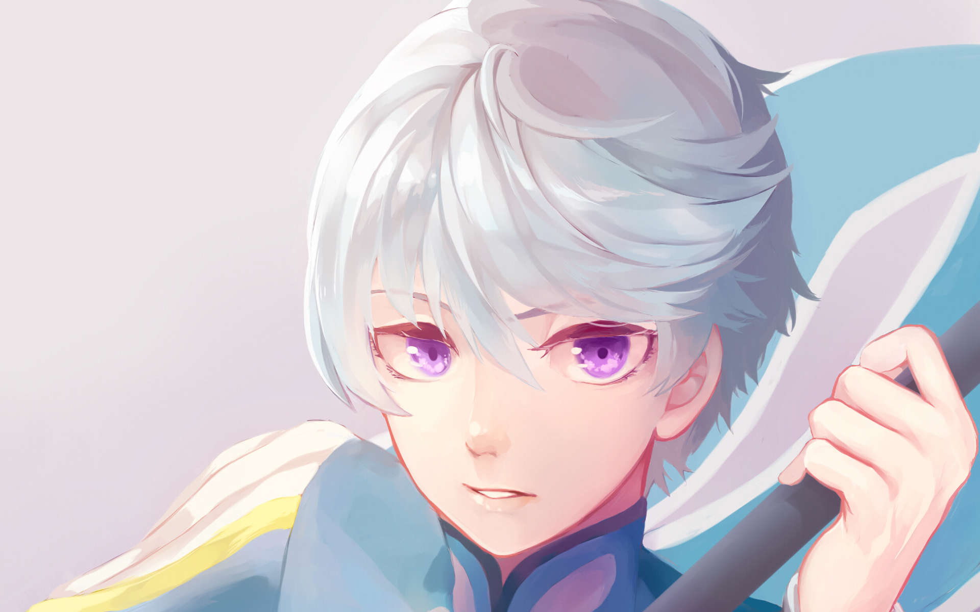 HD anime desktop wallpaper featuring a character from Tales of Zestiria the X with silver hair and striking purple eyes.