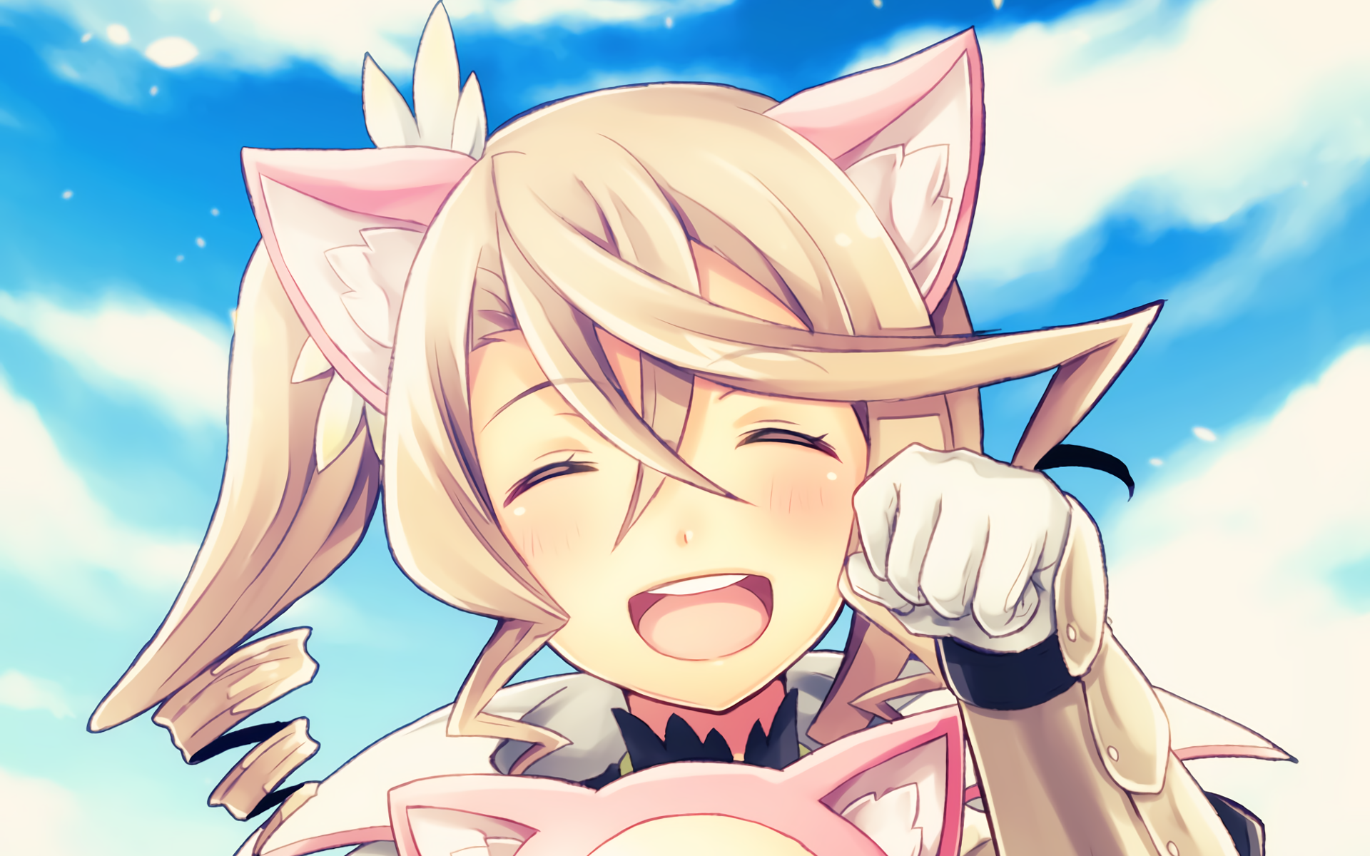 HD anime desktop wallpaper featuring a joyful character with cat ears from Tales of Zestiria the X against a bright blue sky background.