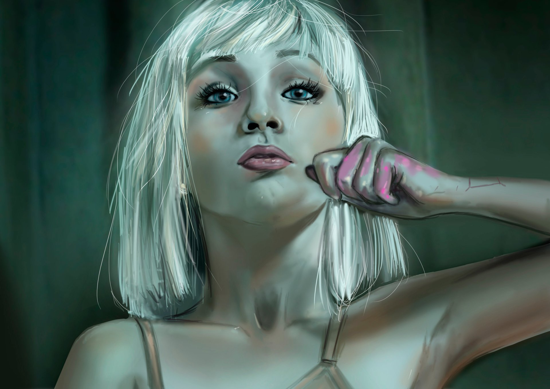 HD desktop wallpaper featuring a stylized portrait of a person with a white bob haircut, resting their chin on their hand, with a mysterious ambiance.