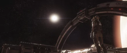 A detailed 4K Ultra HD Star Citizen scene showing a character in a space suit standing near a curved space station structure with a bright star in the distant, starry background.