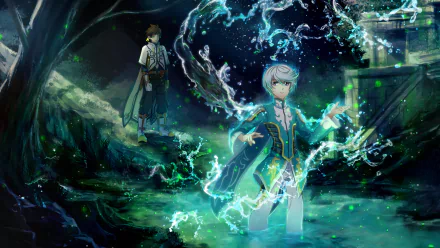 HD desktop wallpaper of Tales of Zestiria the X anime. It features two characters amidst a mystical, glowing environment, with one in the water surrounded by magical energy.
