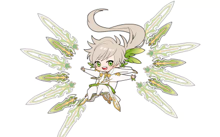 Chibi-style character from Tales of Zestiria the X anime, featured with ornate, glowing weapons, set against a clean white background in HD PC desktop wallpaper format.