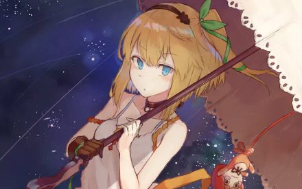 Anime-style HD desktop wallpaper featuring a character from Tales of Zestiria the X holding a parasol against a starry night sky background.