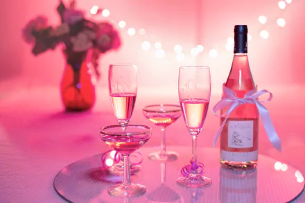HD still life desktop wallpaper featuring pink champagne glasses and a bottle adorned with a white ribbon, set against a soft pink background with blurred lights and flowers.