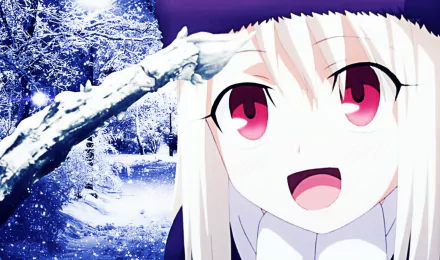 HD desktop wallpaper featuring Illyasviel Von Einzbern from the anime Fate/Zero, with a wintery backdrop of snow-covered trees and a close-up of her happy expression.