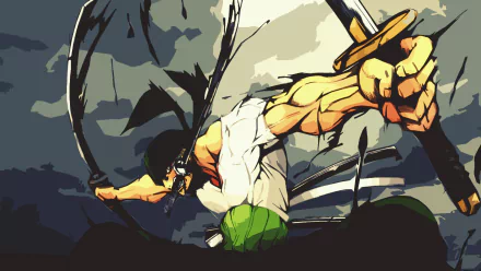 HD desktop wallpaper of Roronoa Zoro from the anime One Piece, showcasing a dynamic action pose with swords drawn and dramatic dark-toned background.