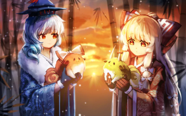 HD anime desktop wallpaper featuring Keine Kamishirasawa and Fujiwara no Mokou from Touhou, holding glowing plush toys against a warm, softly lit background.