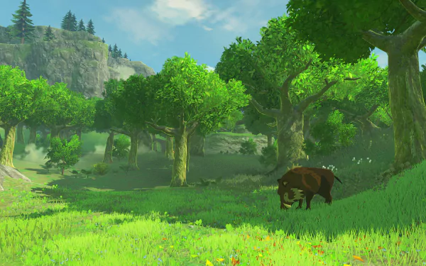 HD desktop wallpaper featuring a lush forest scene from The Legend of Zelda: Breath of the Wild. A boar grazes peacefully among vibrant green trees, with a rocky hill in the background under a clear blue sky.