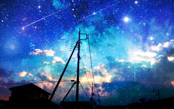 A stunning HD anime wallpaper featuring a starry night sky with shooting stars and silhouettes of utility poles and houses.